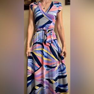 Colorful V Neck Abstract Olivia Matthew’s Maxi Dress Cap Sleeve Tie Belt S